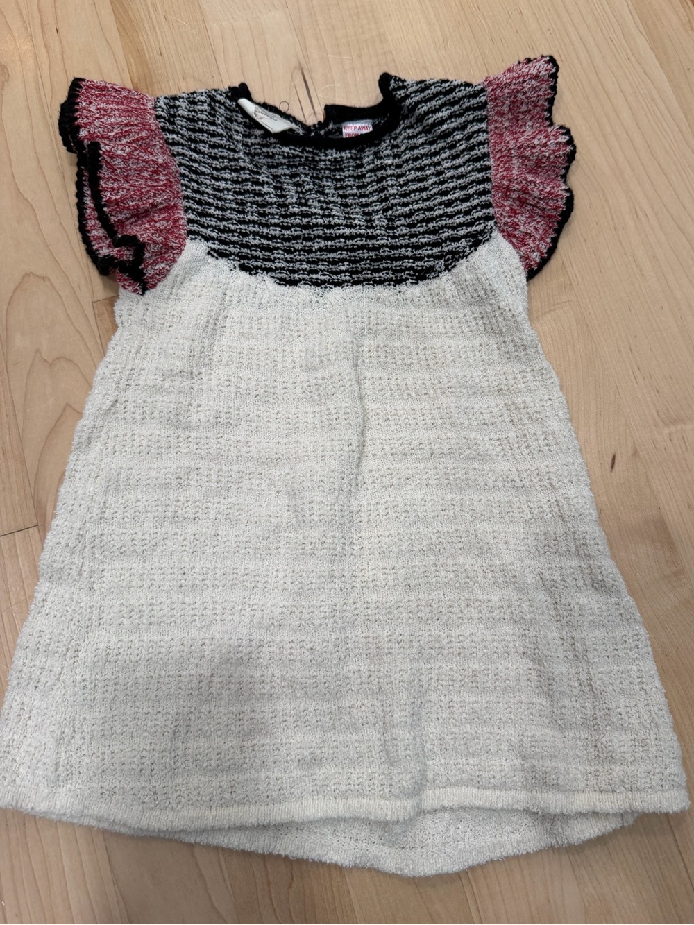 Zara White Textured Dress with Black Yoke and Pink Ruffled Sleeves
